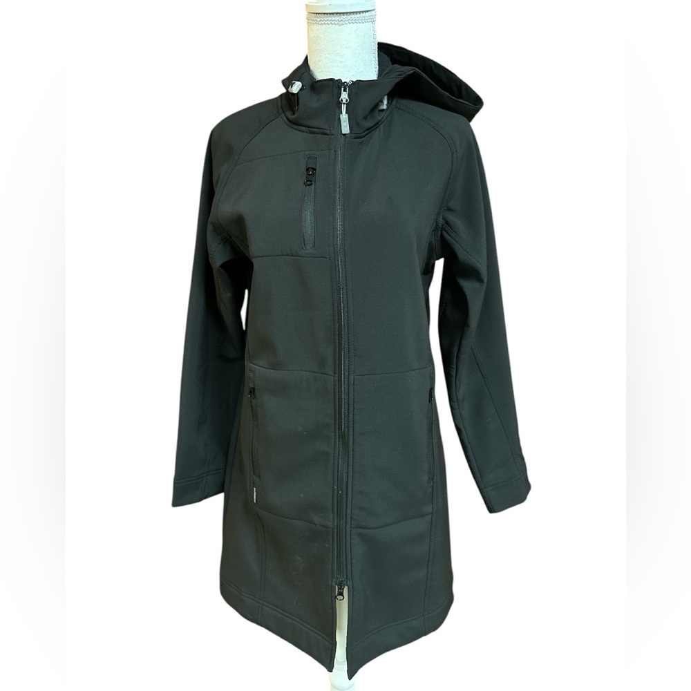 Elevate Softshell Fleece lined Black Hooded Long Jacket Zippers Scuba Feel Small